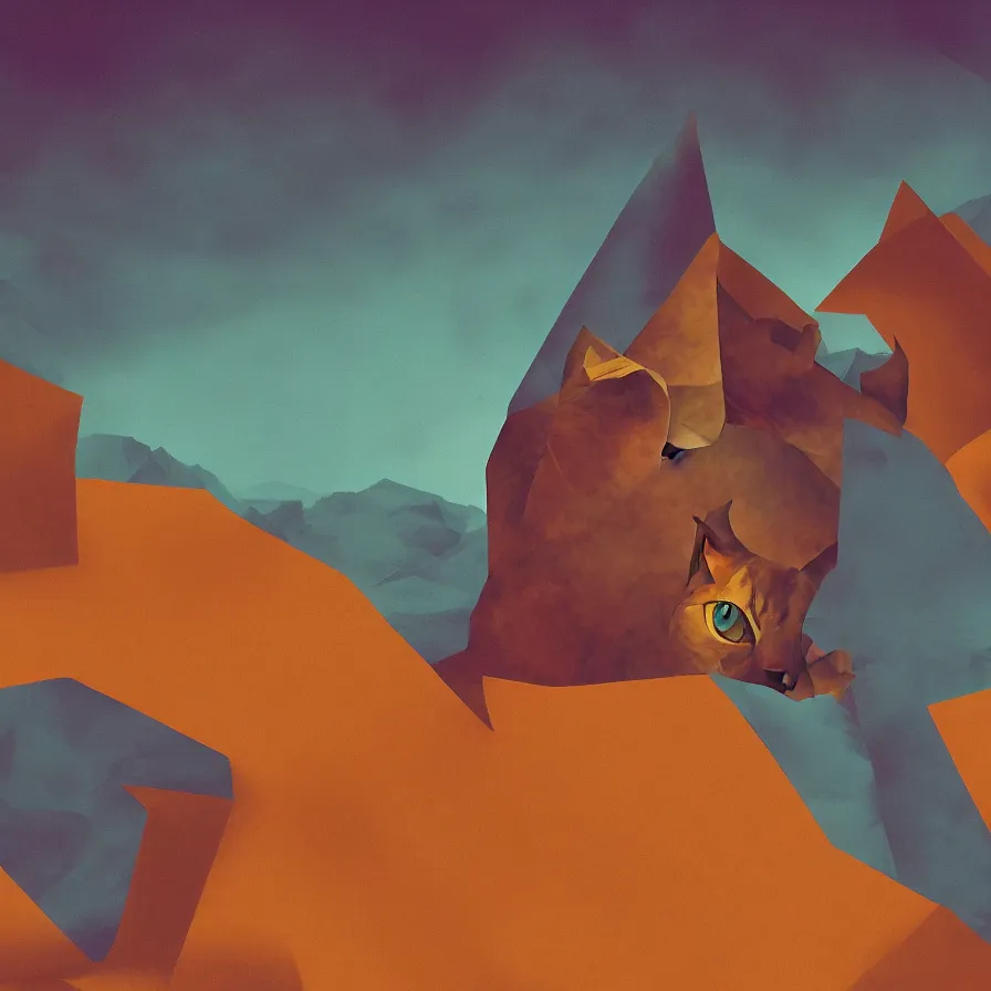 Image similar to a surreal landscape of a cat folded into origami in a vast desert lit by two scary moons, deeply texural, saturated color scheme