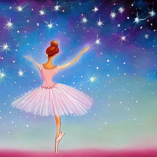 Image similar to Ballerina in a dress looking at a starry sky, galaxy, beautiful, painting, highly detailed, soft light