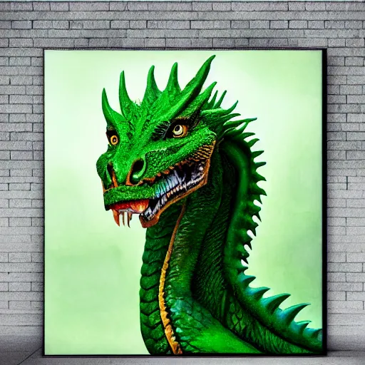 Prompt: realistic, portrait, painting, large green dragon, kodachrome, cgi, hd, detailed