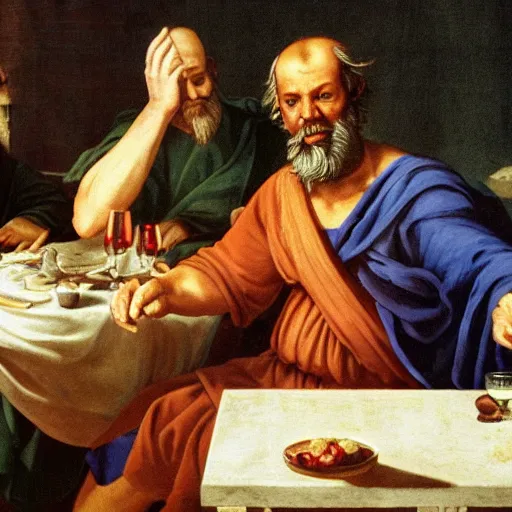 Image similar to hangover Plato with Socrates drinking wine,