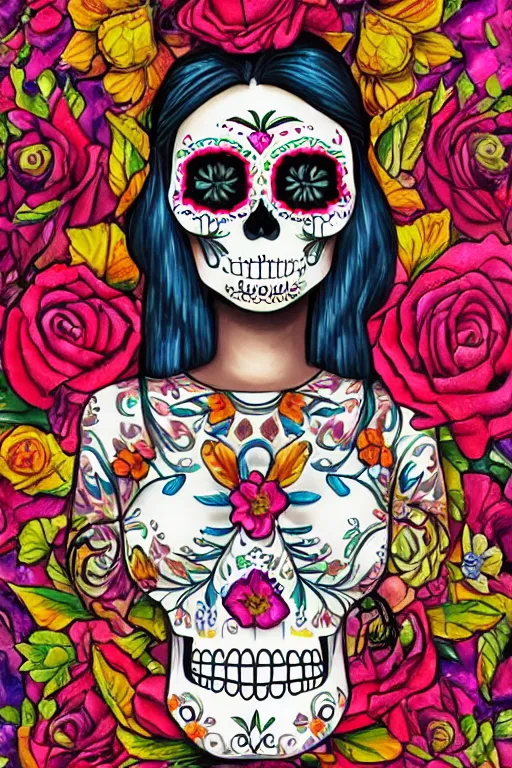 Image similar to Illustration of a sugar skull day of the dead girl, art by tom chambers