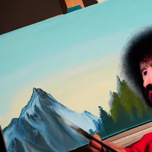 Image similar to a closeup photorealistic photograph of bob ross working on a canvas painting of marilyn manson. happy trees, mountain scape. film still. brightly lit scene. this 4 k hd image is trending on artstation, featured on behance, well - rendered, extra crisp, features intricate detail, epic composition and the style of unreal engine.