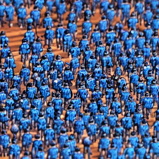 Prompt: tiny blue aliens made of living pixels, resembling knights and nobles. blue skin, colorful hair, feudal society. examined by human scientists, human for scale.