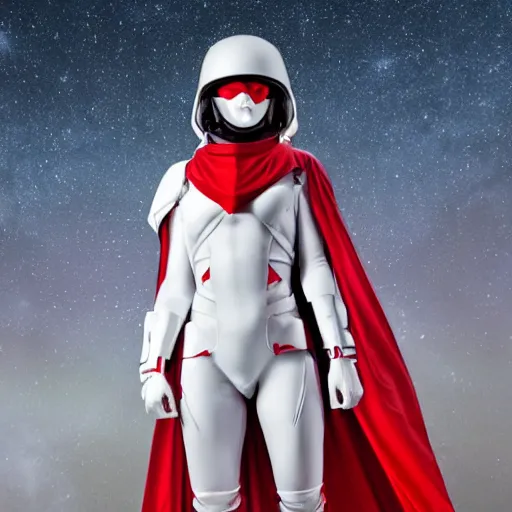 Image similar to portrait of a athletic female soldier in glossy sleek white armor with tiny red details and a long red cape, heroic posture, on the surface of mars, night time, dramatic lighting, cinematic, sci-fi, hyperrealistic