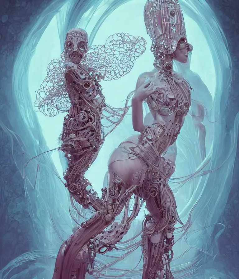 Image similar to fully symmetrical centered portrait of a beautiful princess in robe. artificial muscles, ribcage, bones, hard surface modelling. cyberpunk look. biomechanical mask. bio luminescent biomechanical halo around head. jellyfish. artwork by jarold Sng by artgerm, by Eddie Mendoza, by Peter mohrbacher by tooth wu by alfons mucha, unreal engine, octane render, cinematic light, iridescent details, iridescent colors, dichroic, macro, depth of field, blur