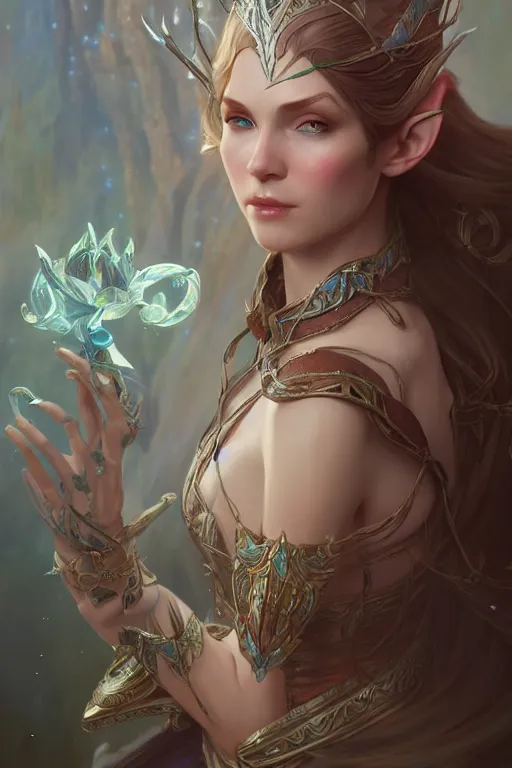 Image similar to beautiful elven princess, accurate anatomy, only two hands, highly detailed, digital painting, artstation, concept art, smooth, sharp focus, illustration, Unreal Engine 5, 8K, art by sakimichan and greg rutkowski and alphonse Mucha