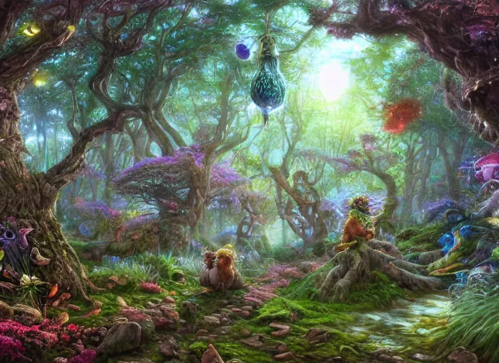 Image similar to desktop background, magical fantasy forest, magical creatures, fantasy critters, path traced, highly detailed, high quality, digital painting, by studio ghibli, lise deharme, alexander jansson, paul lehr, moebius, noriyoshi ohrai, tim white, hans zatzka, henriette ronner - knip, george stubbs, louis wain