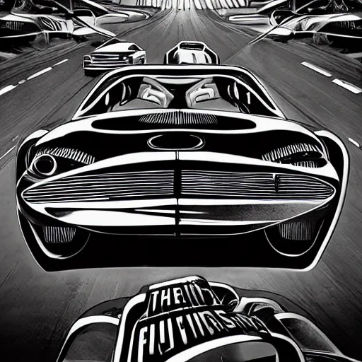 Image similar to the car from the future, vintage, futuristic style, retro - futurism, black and white, poster