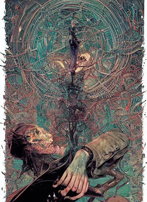 Image similar to We all live in a dystopian society cherishing silently the evil within, intrincate, maximalism, by Michael Whelan! Victo Ngai, Tyler Edlin, Ayami Kojima