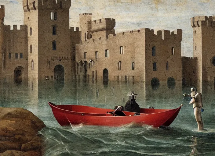 Image similar to a portrait of a robot sitting in a small boat fishing in a renaissance castle flooded with water,