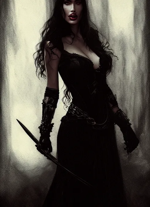 Image similar to megan fox witch queen, black eyes, blood, full body, intricate victorian dress, middle shot, cinematic lighting, symmetrical eyes, caravaggio, rafael albuquerque, charlie bowater, moody lighting, candles