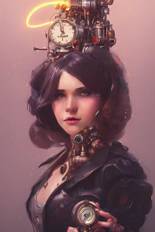 Image similar to portrait of a steampunk girl with mechanical parts and neon light by Artgerm and Greg Rutkowski , digital painting, highly detailed, trending on artstation