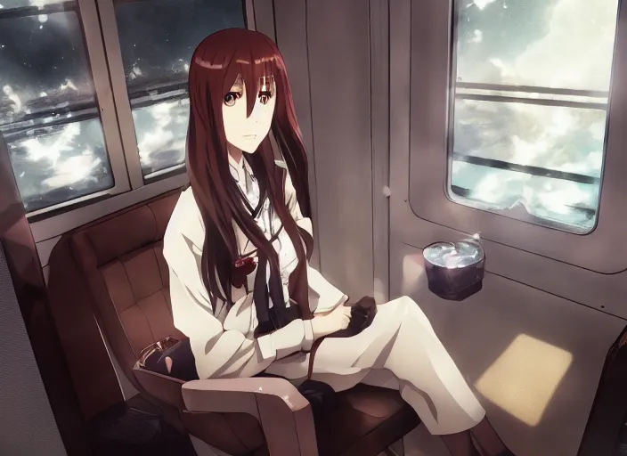 Prompt: portrait of makise kurisu sitting in the seat of a train, anime fantasy illustration by tomoyuki yamasaki, kyoto studio, madhouse, ufotable, square enix, cinematic lighting, trending on artstation