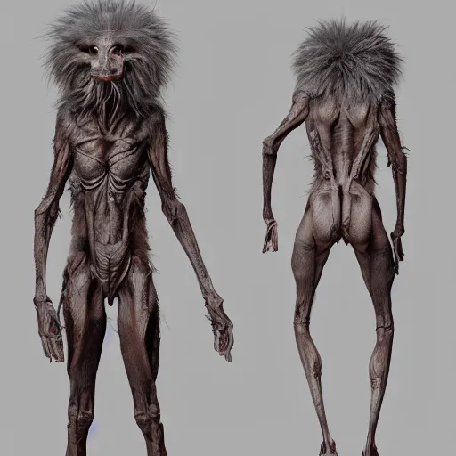 Image similar to standing photorealistic detailed tall skinny humanoid creature with fur, extremly detailed, 8 k, realistic, sharp focus, cosmic horror creature, cosmic horror