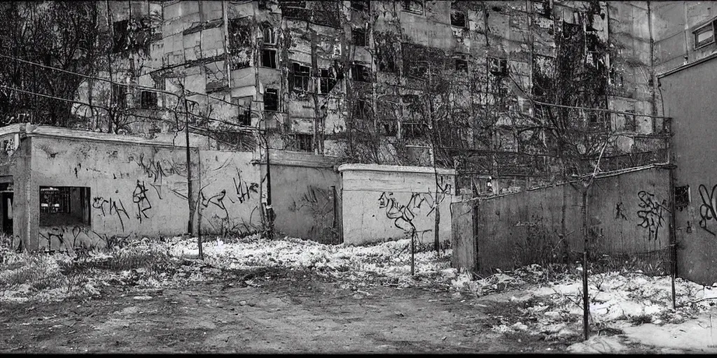 Prompt: a 1 9 9 0 s digital photo of an eastern european high school, probably russia, ukraine or poland abandoned after a war. russian graffiti is seen on the walls of the building, abandoned cars on the parking lot.