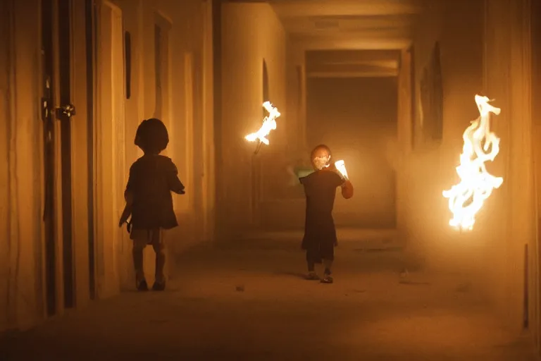 Prompt: a picture of a small child carefully holds torch through hallway filled with nightmarish monsters