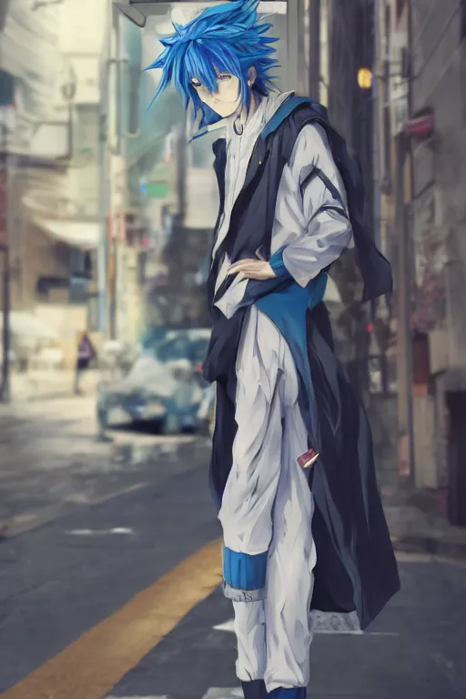 Image similar to anime guy with messy blue hair and perfect face wearing white long jacket leaning on a street sign, aesthetic, wlop, digital painting, trending on artstation, highly detailed, epic composition, official media, 8 k uhd