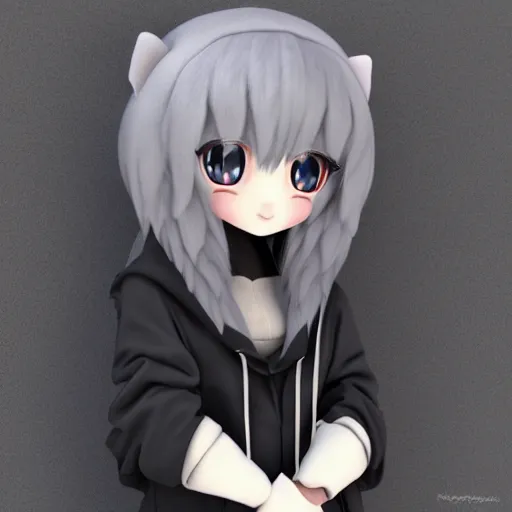 Image similar to cute fumo plush of a wolfgirl in a hoodie, anime girl, anime ears, chibi, black and white, vray