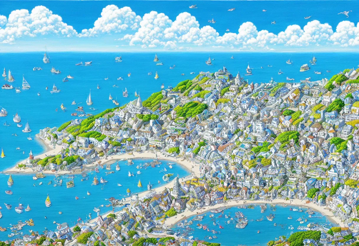 Image similar to a beautiful ultradetailed painting of a seaside town, sunny, close shot, studio ghibli sunlight, archdaily, wallpaper, highly detailed, trending on artstation