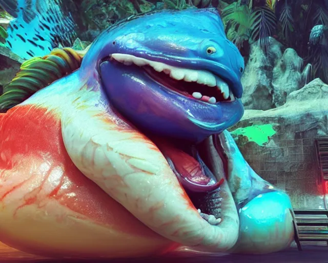 Image similar to of a very beautiful scene. ambient occlusion render. a sweet fat old woman is giving birth to a huge colorful fish. hyper realistic. 4 k. wide angle. wild, red mouth, blue eyes. deep focus, lovely scene. ambient occlusion render. concept art. unreal engine.