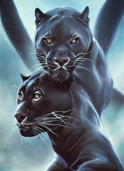 Image similar to photo of a gorgeous Beautiful face Portrait of twenty panthers in the wild attacking the air. Thunders, magic, power. face painting, powerful magic panthers in the style of stefan kostic, wild, realistic, sharp focus, 8k high definition, insanely detailed, intricate, elegant, art by stanley lau and artgerm