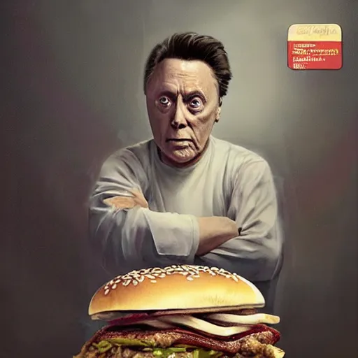 Prompt: a highly detailed epic cinematic concept art CG render digital painting artwork costume design: Christopher Walken as a depressed milkman eating a massive hamburger, voluptuous sesame seed bun, extra ketchup and pickles and onions . By Greg Rutkowski, Ilya Kuvshinov, WLOP, Stanley Artgerm Lau, Ruan Jia and Fenghua Zhong, trending on ArtStation, made in Maya and Photoshop, octane render, excellent composition, cinematic atmosphere, dynamic dramatic cinematic lighting, aesthetic, very inspirational, arthouse