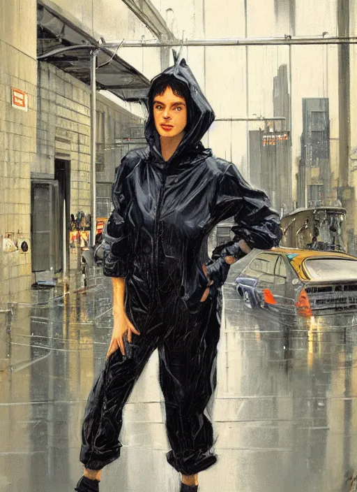 Prompt: a realistic portrait of a beautiful woman wearing a plastic hoodie in a dystopian city, raining by syd mead