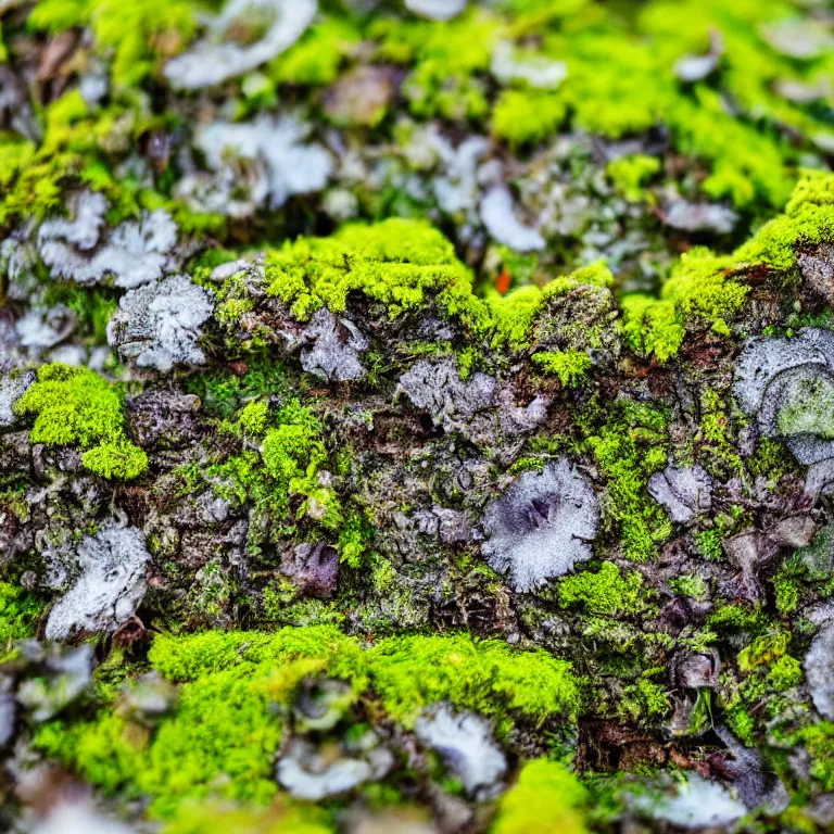 Image similar to a drawn picture lichens and moss close-up various fungus, mushrooms and plants, Atmospheric phenomenon, artistic photography, muted colors, conceptual, long exposure outside the city