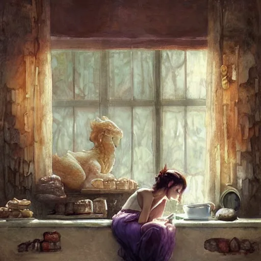 Prompt: prompt Sweet dragon, sleeping on the kitchen counter of a magical bakery, oil painting, by Fernanda Suarez and and Edgar Maxence and greg rutkowski