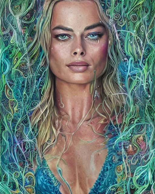 Prompt: margot robbie portrait with a tattooed wet body posing in a magical crochet bikini in a magical forest, beautiful eyes, light rain, realistic face, full body, fantasy art, in the style of artgerm, illustration, epic, fantasy, intricate, hyper detailed, artstation, concept art, smooth, sharp focus, ray tracing, vibrant, artgerm