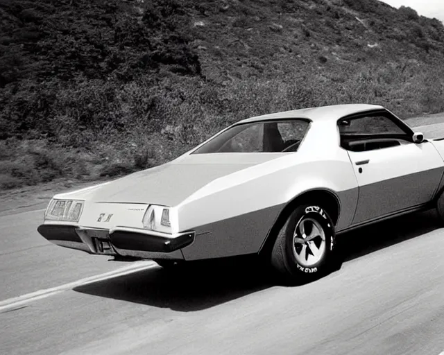 Image similar to Pontiac firebird drivning away from an explotion, 70's movie scen