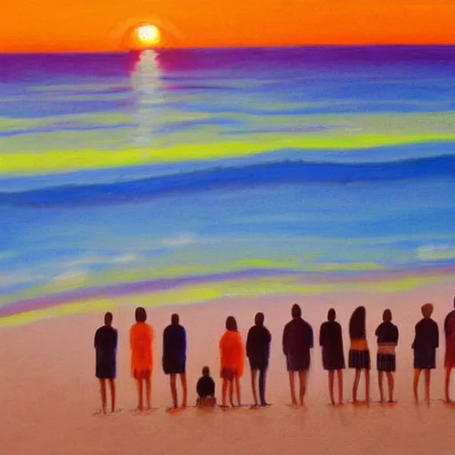 Prompt: a beautiful painting of people standing on the beach at sunset. there are 7 people and they stand together with their backs to us. painting by niko pirosmani.