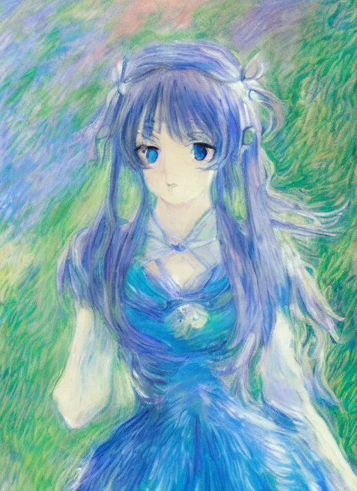 Image similar to a portrait of a moon princess, blue outfit, very anime in impressionist style, trending artwork, anime painter studio, by claude monet