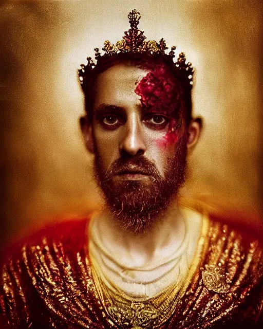 Image similar to 'Portrait of Crowned King Arthur' by Lee Jeffries royally decorated, whirling plasma, atmospheric motes, red and gold Sumptuous garb, gilt silk fabric, radiant colors, fantasy, perfect lighting, studio lit, micro details,