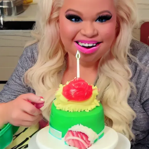 Prompt: trisha paytas eats sushi made out of birthday cake, mukbank, tumbnail