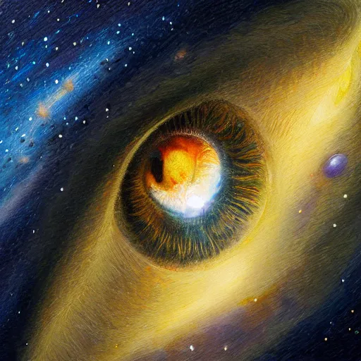 Image similar to a highly detailed photorealistic painting of a human eye reflecting the milky way galaxy