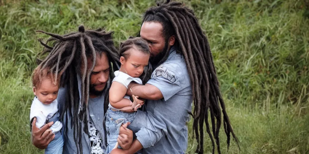 Prompt: a baby with dreadlocks, carried by his dad