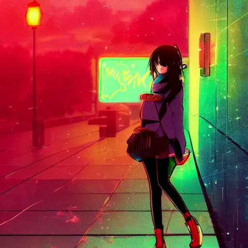 Image similar to listening to music at 2 am, night, pretty hispanic girl, pose, neon rain, lofi, lofi, peaceful, street light, anime key visual, poster, street wears, anime, by ghibli, ghibli studio high quality, 4 k, trending, trending on artstation