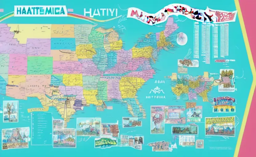 Image similar to hatsune miku across america map, map key, tourist map, brochure