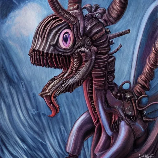 Image similar to detailed realistic painting of a my little pony that looks like a xenomorph, cute, in the style of h r giger and wayne barlowe