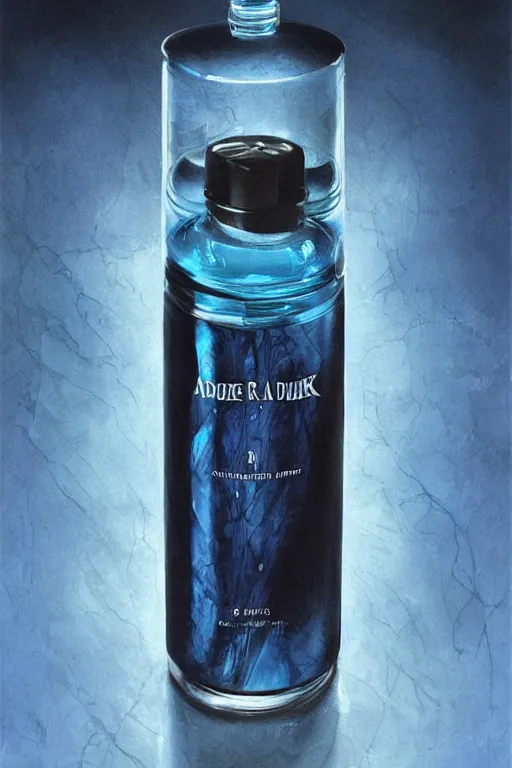 Image similar to concept art of a audemars piguet blue iridescent liquid dietary supplement in a transparent bottle with big black sticker on it by aenaluck, artgerm and roberto ferri and greg rutkowski, blue and white tones, digital painting, artstation, concept art, smooth, sharp foccus ilustration hq