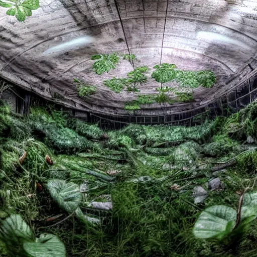 Prompt: abandoned, overgrown, underground bunker. giant mutated venus flytrap room.