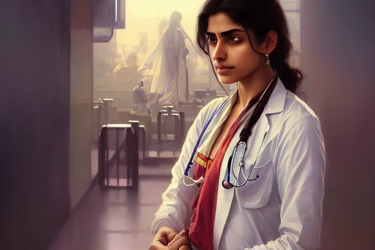 Image similar to Anxious pretty pale young Indian doctor wearing jeans at the airport, portrait, elegant, intricate, digital painting, artstation, concept art, smooth, sharp focus, illustration, art by artgerm and greg rutkowski and alphonse mucha