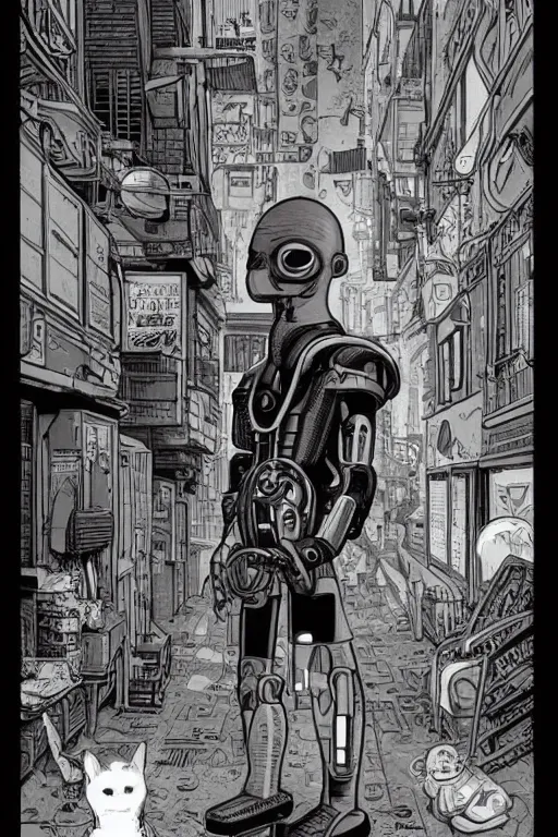 Image similar to a cyborg!! sphynx cat!!, in a cyberpunk alleyway by daniel clowes