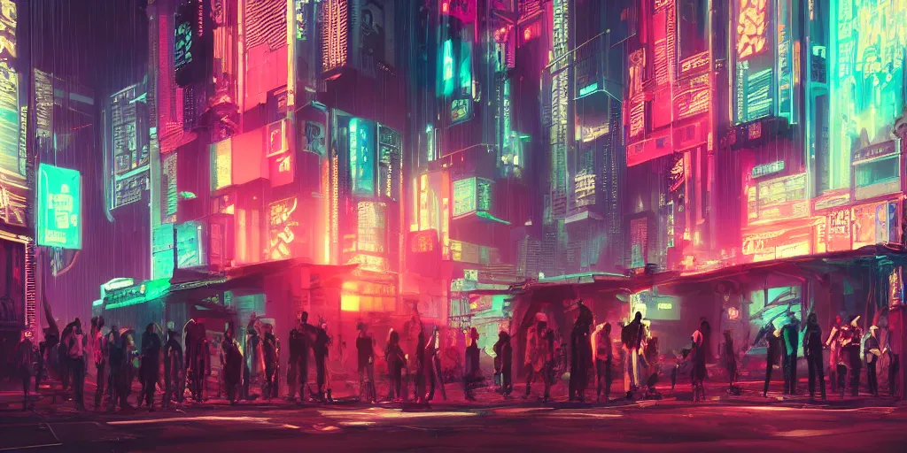 Image similar to a group of people standing outside of a building, cyberpunk art by liam wong, cgsociety, retrofuturism, glowing neon, neon, matte painting