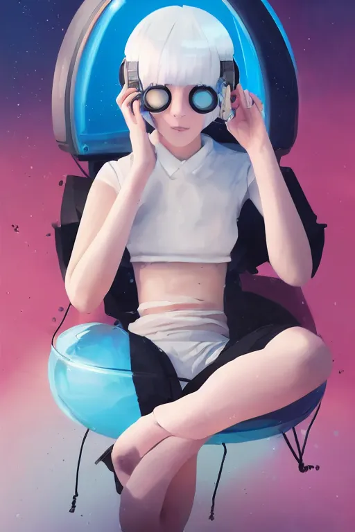 Prompt: a cute young woman listening to music in a bubble chair with her eyes closed and wearing headphones, white bob cut hair, freckles, cyberpunk setting, blue filter, blue and white, vivid colors, soft lighting, cinematic, moody, nier automata, poster, oil on canvas, in the style of Ilya Kuvshinov, Krenz Cushart, Range Murata, 8k