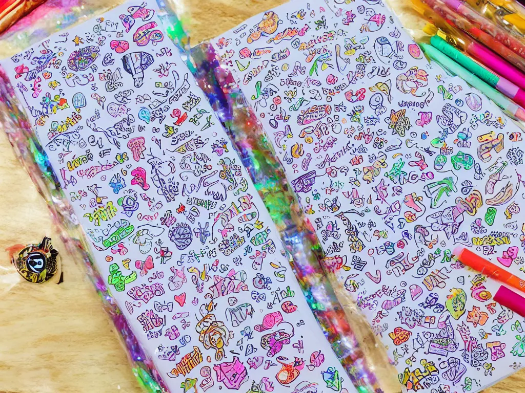 Image similar to a school notebook covered in doodles, stickers, glitter, and holographic stickers