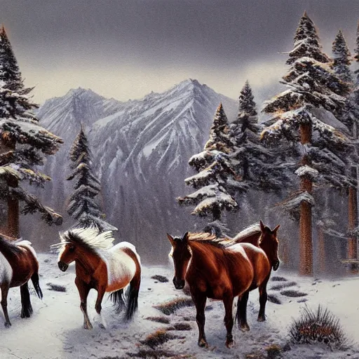 Prompt: painting of a herd of wild horses on a snowy mountain in the style of Bev Doolittle, HD, Detailed, Realism