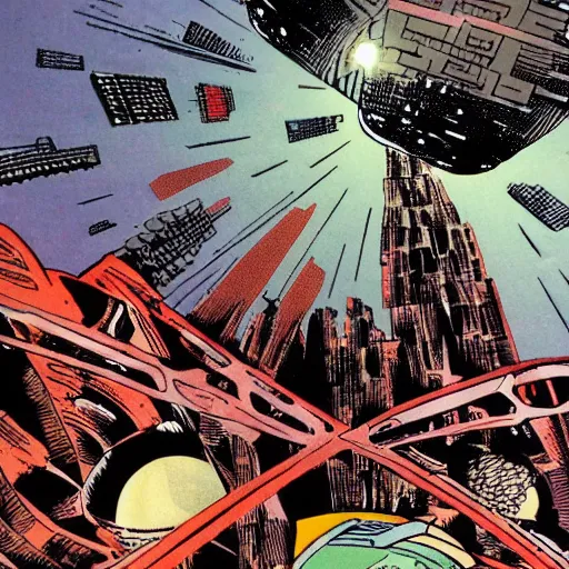 Prompt: a huge spaceship fighting aliens by frank miller.