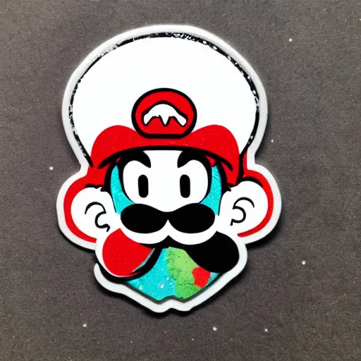 Image similar to die cut sticker, yoshi wearing mario's mustache, splatter paint